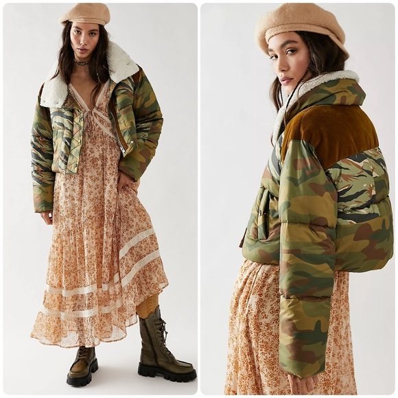 New! Free People x We The Free Camouflage Jacket with Shearling Collar 💚 Medium - Picture 3 of 10